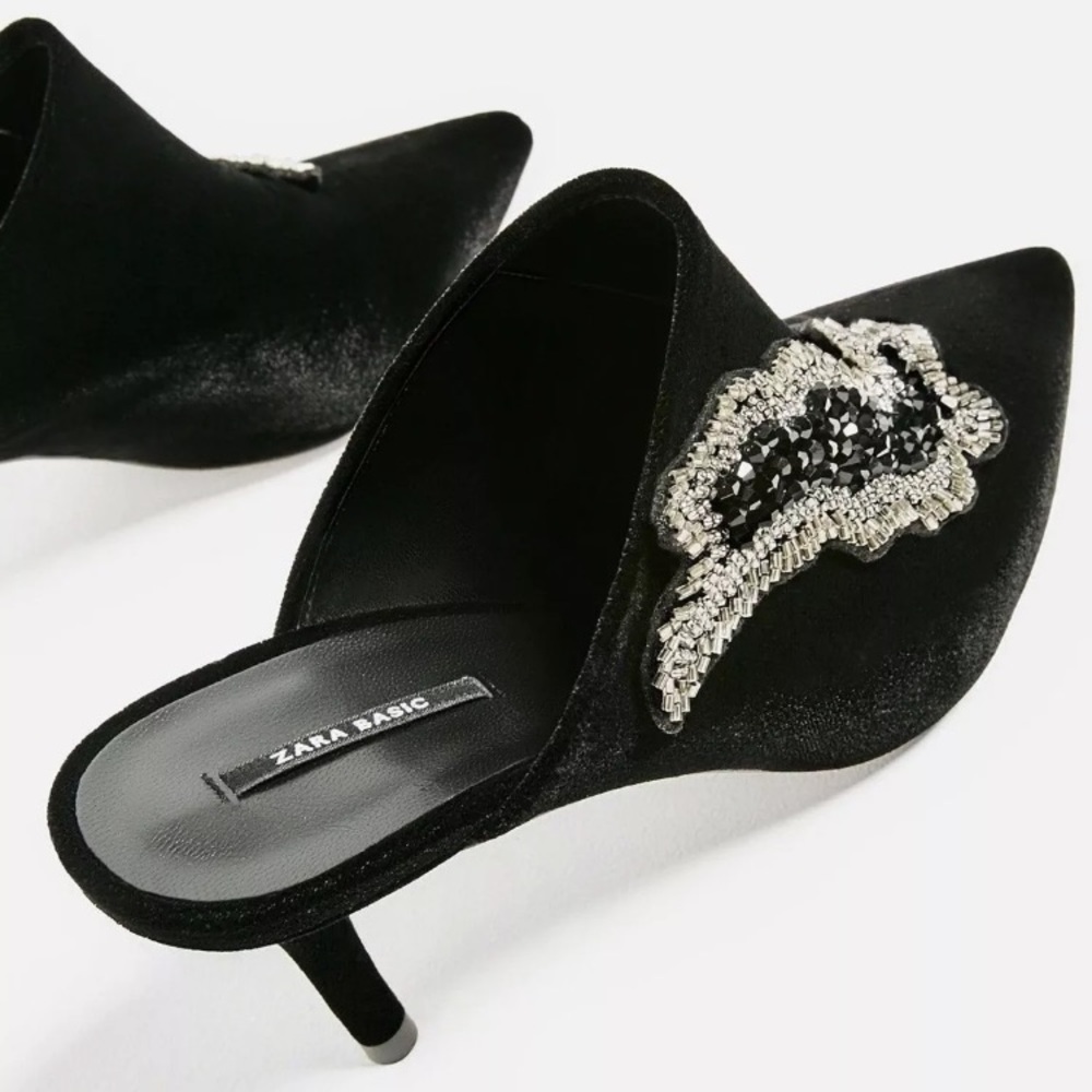 ZARA RARE VELVET BEADED POINTED MULES HEELS BLACK NEW WITH TAGS US 6.5 EUR 37
